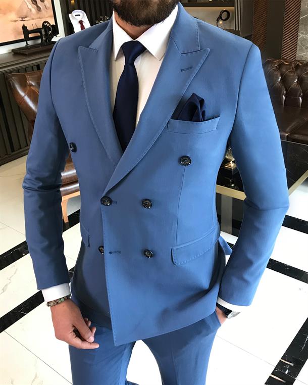 İtalyan stil slim fit kruvaze ceket pantolon takım elbise mavi T9548