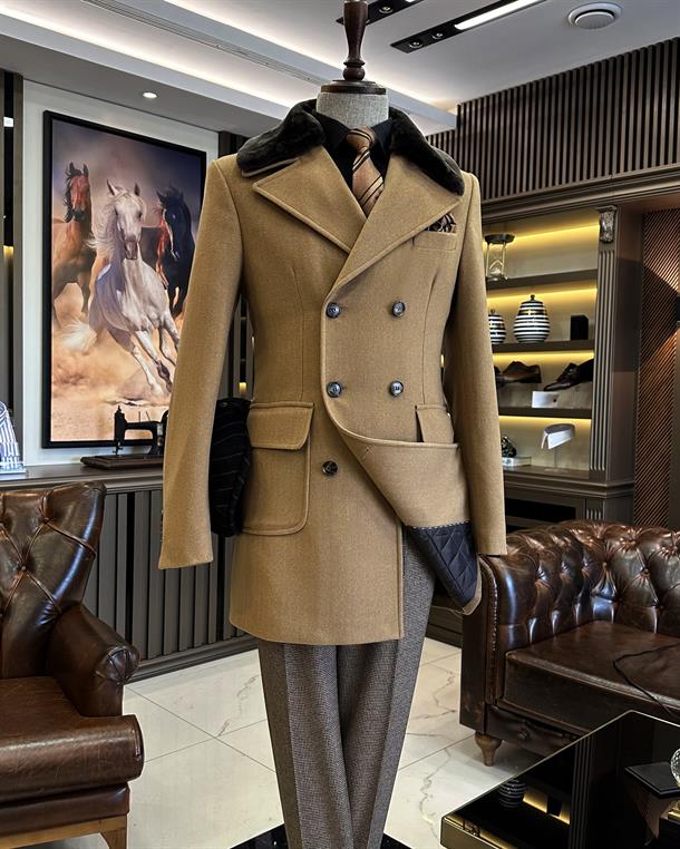 Italian style slim fit fur collar wool men's coat camel T10139