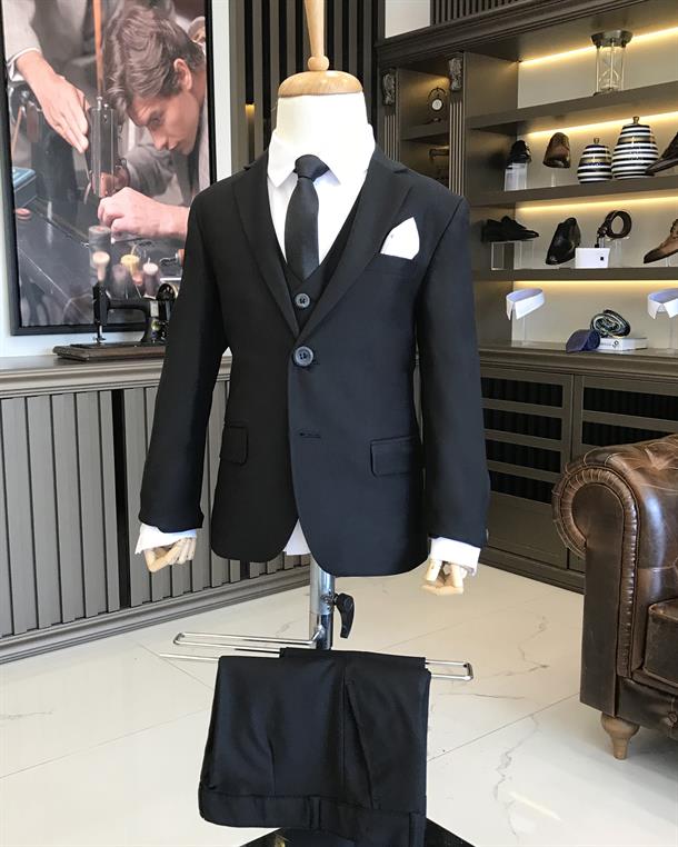 İtalyan stil slim fit mono yaka ceket yelek pantolon çocuk takım elbise set Siyah T8806