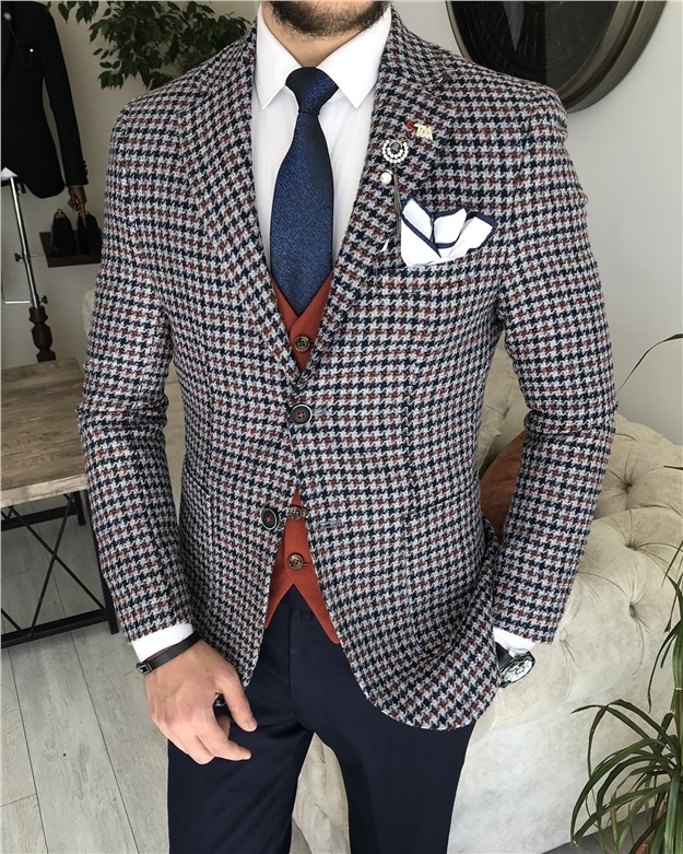 İtalyan stil slim fit pamuk karışımlı ceket yelek pantolon kombin takım elbise Kiremit T8259