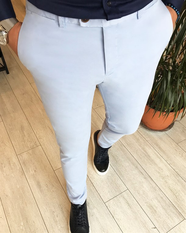 Italian Style Slim Fit Cotton Canvas Canvas Linen Pants Ice Blue T5830