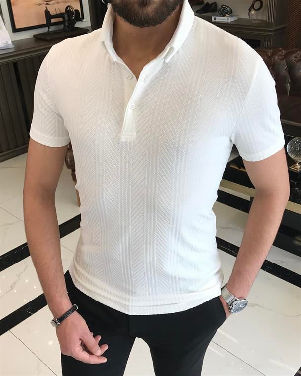 Italian style slim fit polo collar cotton t-shirt ecru T9384