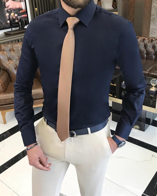 Italian style slim fit cotton men's tie collar shirt navy blue T9423