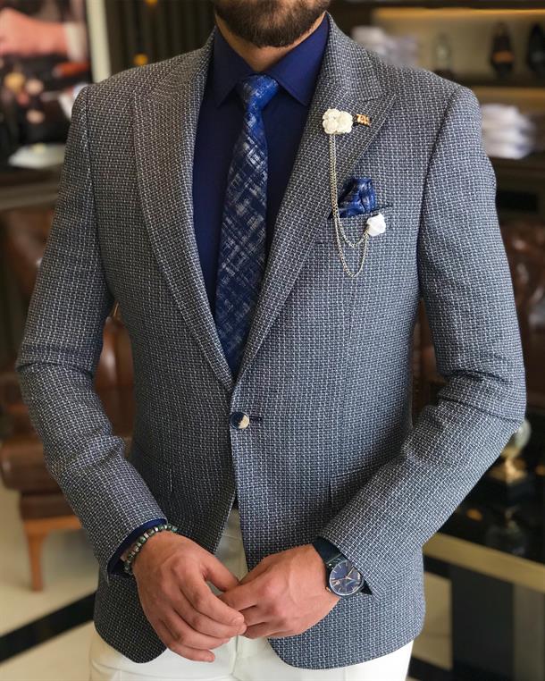 Italian style slim fit pointed collar men's single jacket navy blue T9200