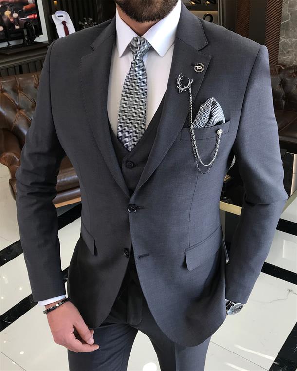 Italian style slim fit woolen jacket vest pant suit anthracite T9373