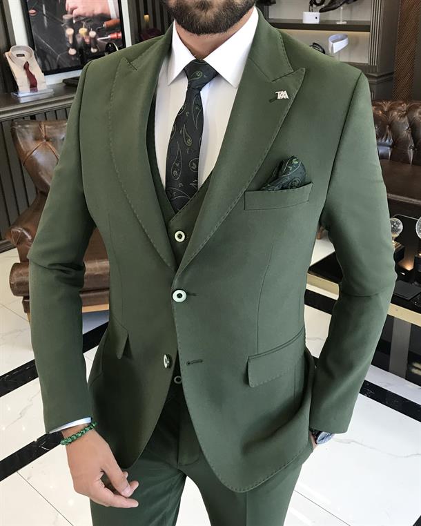 İtalyan stil slim fit yün karışımlı ceket yelek pantolon takım elbise yeşil T9849