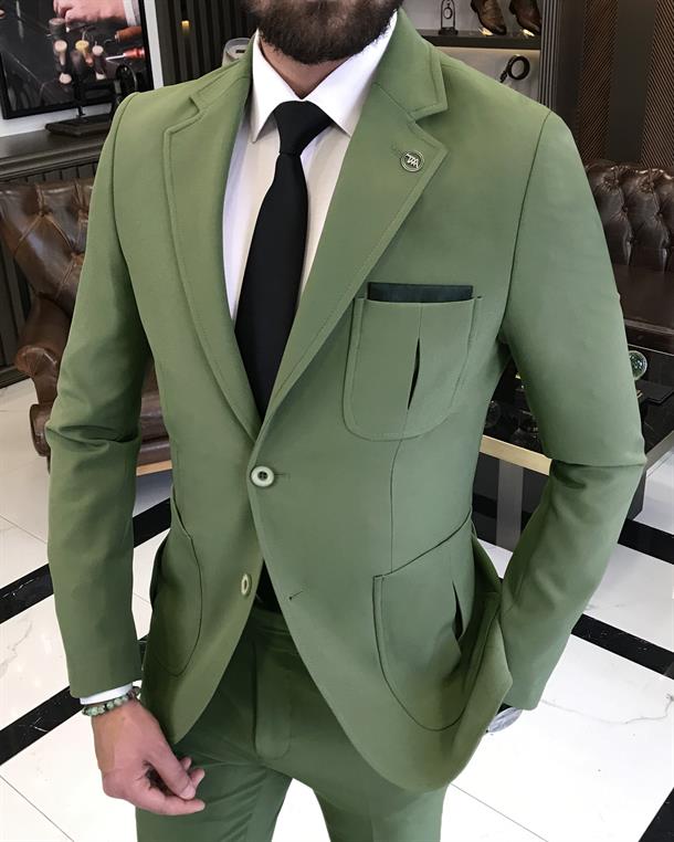 italyan stil slim fit yün karışımlı likralı safari ceket pantolon takım elbise yeşil T9583