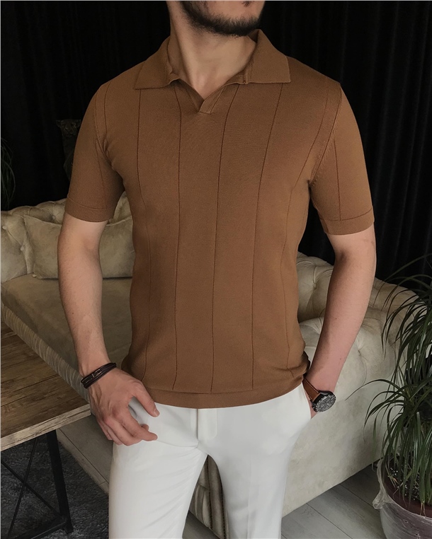 İtalyan stil slim fitpolo yaka kısa kollu triko tişört Kahverengi T7397