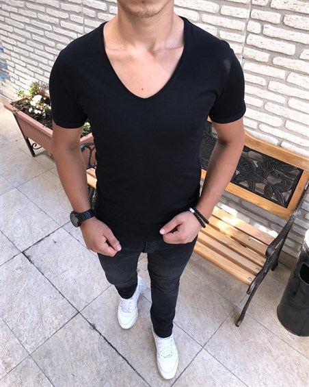 İtalyan stil V yaka kısa kol basic t-shirt Siyah T4634