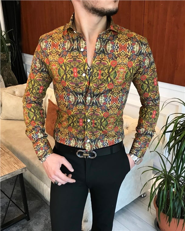 İtalyan yaka slim fit erkek desenli pamuk gömlek Çok Renkli T7029