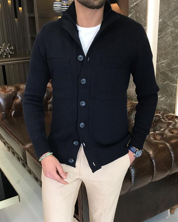 Regular fit men's high collar wool blend knit cardigan Navy Blue T8779