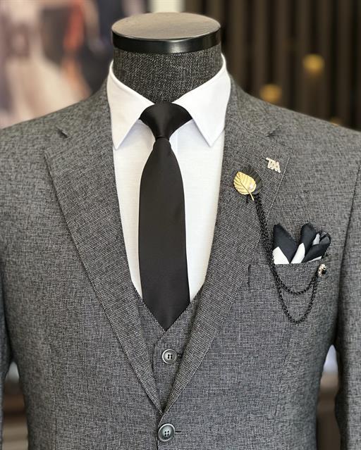 Italian Style Slim Fit Jacket Vest Trousers Suit Black T8354