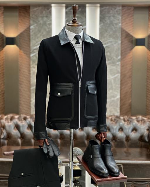 Italian style slim fit leather detailed polo collar men's seasonal coat black T9907