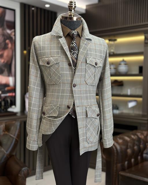 Italian style slim fit men's plaid seasonal coats beige T9906