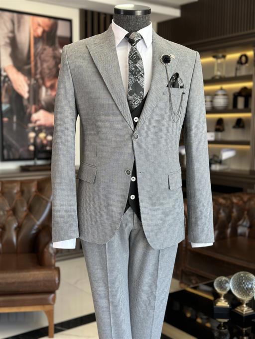 Italian style slim fit wool blended jacket vest pant suit black T9854