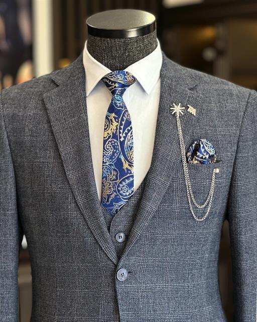 Italian style slim fit wool blended jacket vest pant suit navy blue T9862