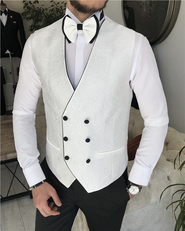 İtalyan kesim ceket yelek pantolon damatlık set Beyaz T8291
