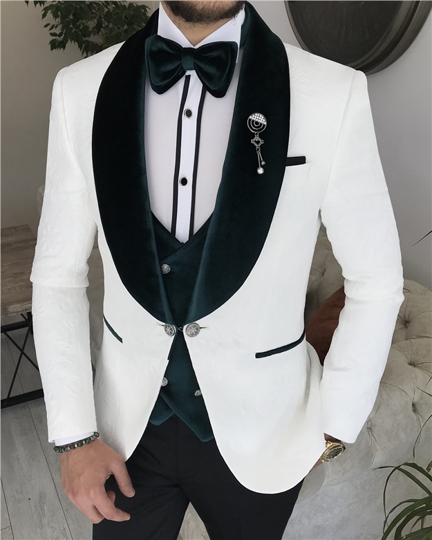 İtalyan kesim ceket yelek pantolon damatlık set Beyaz T8273