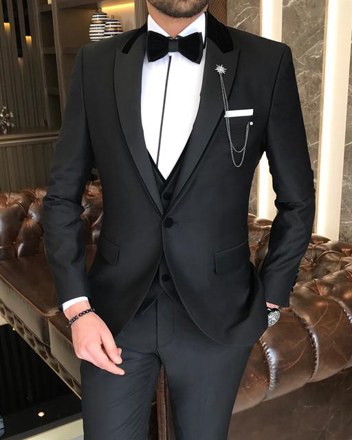 Italian Style Jacket Waistcoat Trousers Groom Set Black T7474