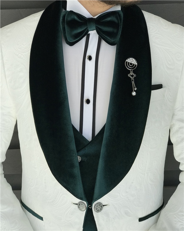 İtalyan kesim ceket yelek pantolon damatlık set Beyaz T8273
