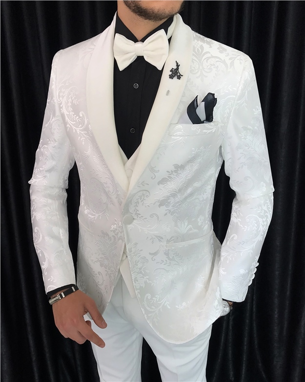 İtalyan kesim ceket yelek pantolon damatlık set Beyaz T7902