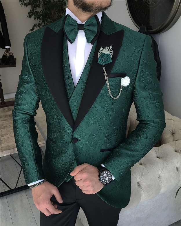 İtalyan kesim ceket yelek pantolon damatlık set Yeşil T8293
