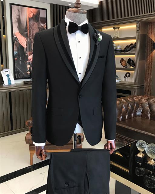 Italian Style Jacket Waistcoat Trousers Groom Set Black T7860