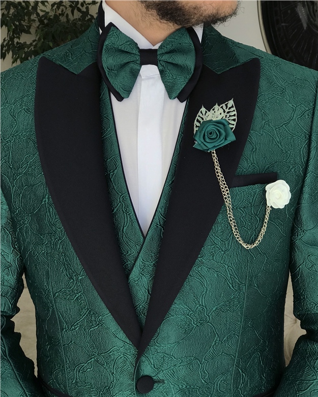 İtalyan kesim ceket yelek pantolon damatlık set Yeşil T8293
