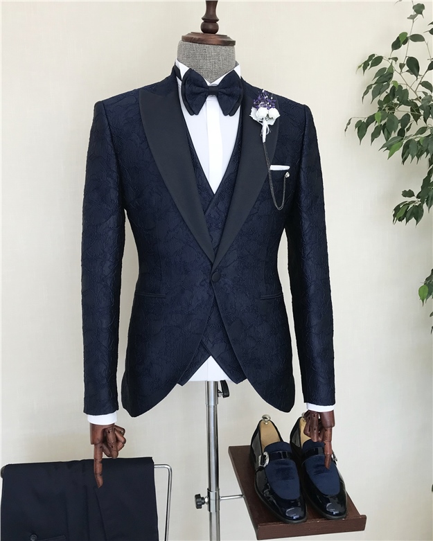 Italian Stlyle jacket vest trousers groom suit Navy Blue T8295