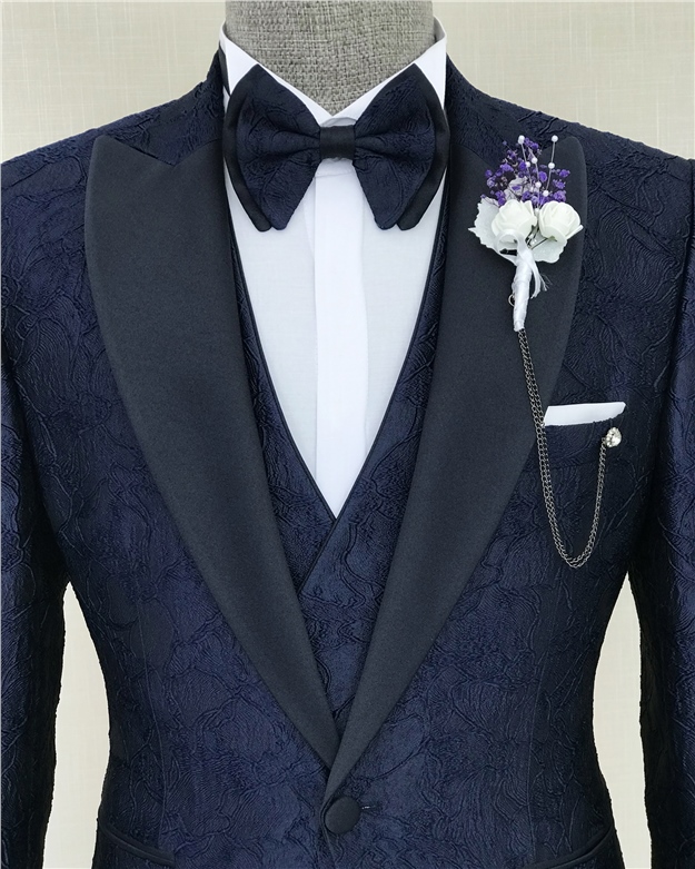 Italian Stlyle jacket vest trousers groom suit Navy Blue T8295