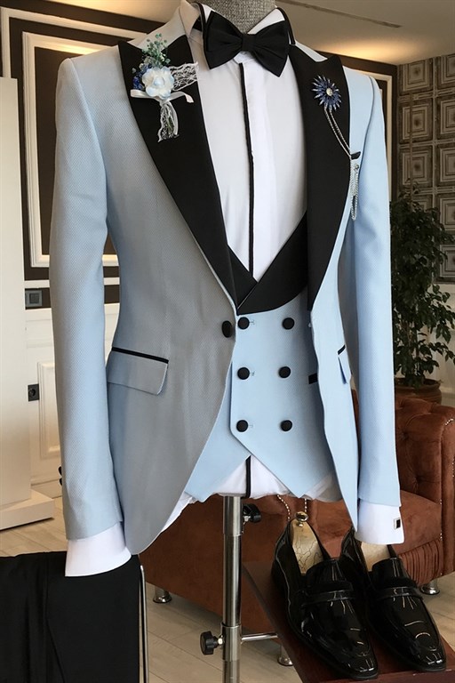 İtalyan kesim ceket yelek pantolon mavi damatlık set T3461