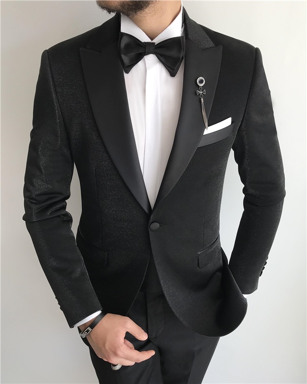 İtalyan kesim erkek damatlık takım elbise Siyah T7508