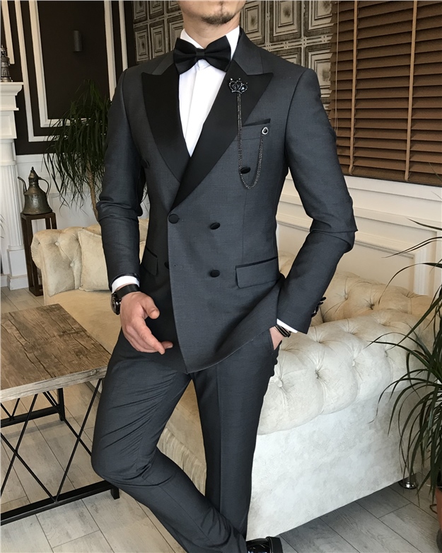 İtalyan kesim erkek damatlık takım elbise gri T6061