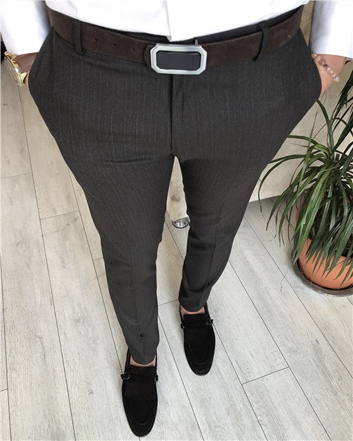 İtalyan kesim  fit mevsimlik erkek kahverengi kumaş pantolon T6279