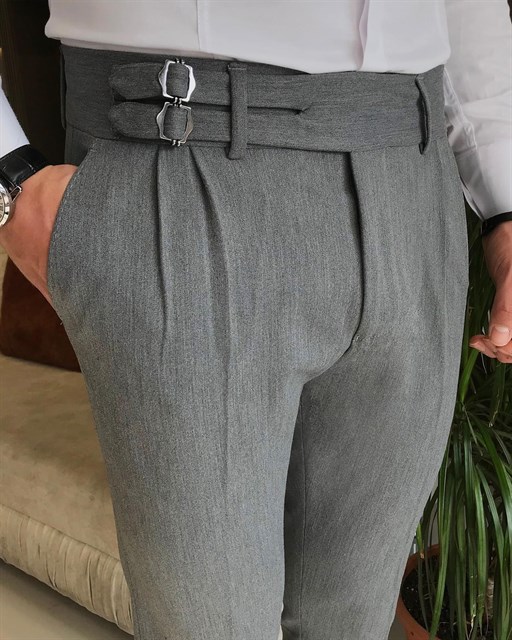 Italian Style Corset Pleated Gray Fabric Pants T3389