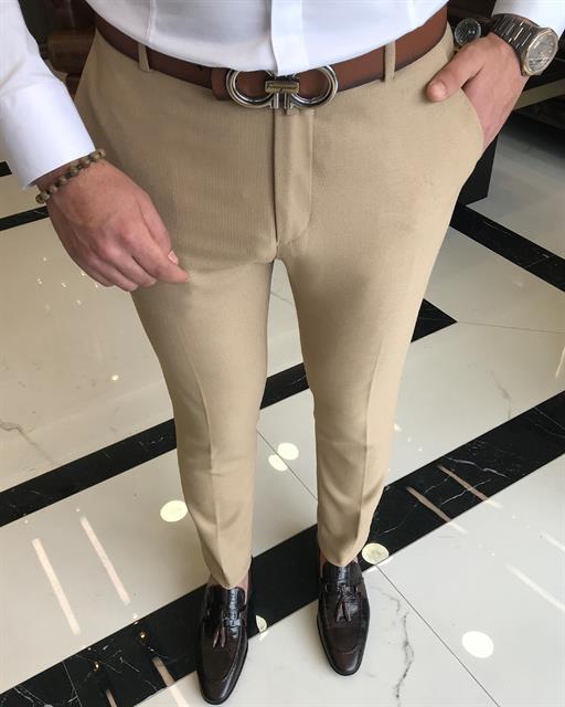 italian cut slim fit dobby pattern men's trousers camel T9453