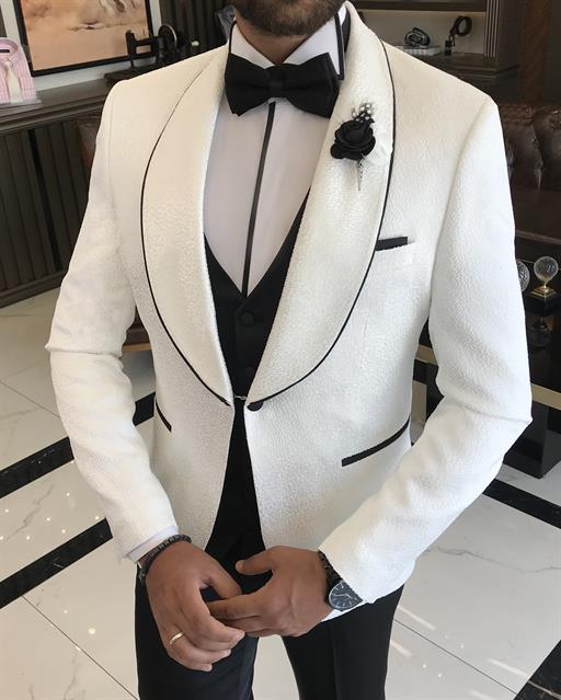 Italian cut slim fit jacket vest trousers groom suit set white T9781