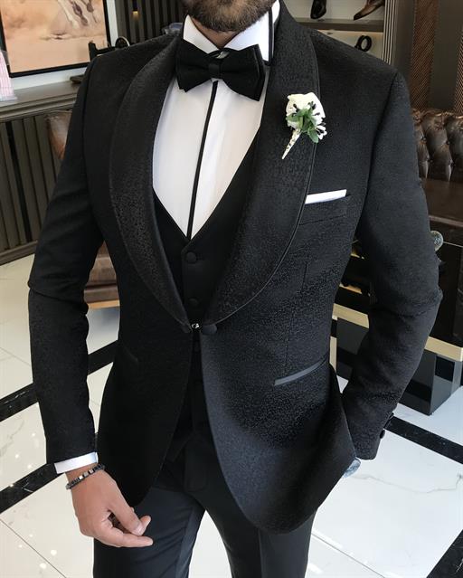 Italian cut slim fit jacket vest trousers groom suit set black T9780