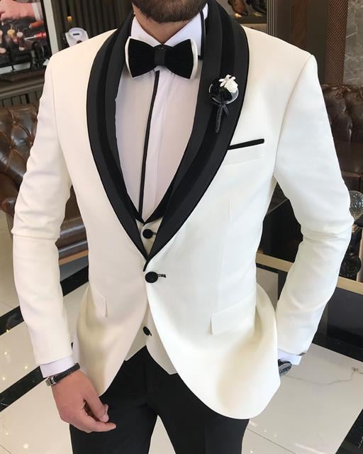 Italian cut slim fit jacket vest trousers groom suit set white T9504