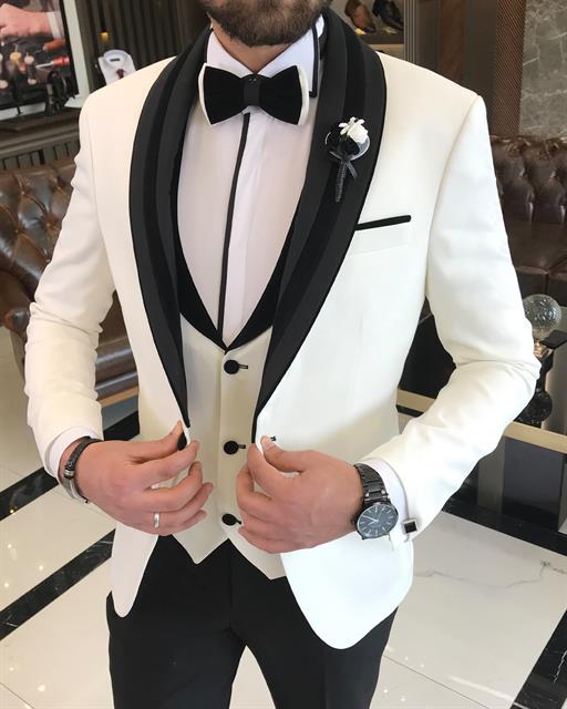 Italian cut slim fit jacket vest trousers groom suit set white T9504
