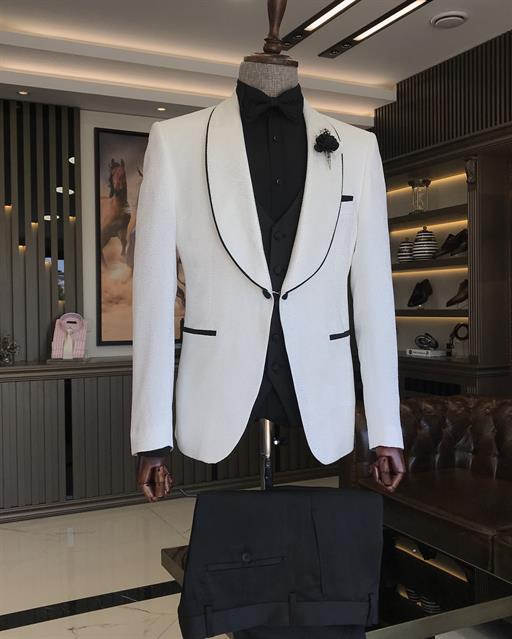 Italian cut slim fit jacket vest trousers groom suit set white T9781