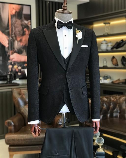 İtalyan kesim slim fit ceket yelek pantolon damatlık set siyah T9375