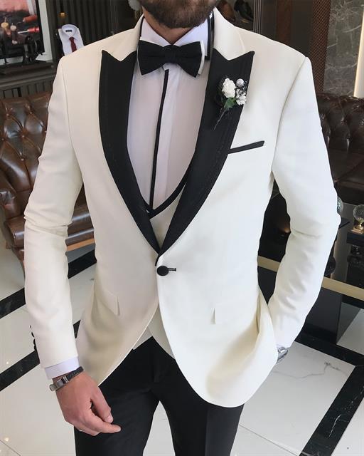 Italian cut slim fit jacket vest trousers groom suit set white T9254