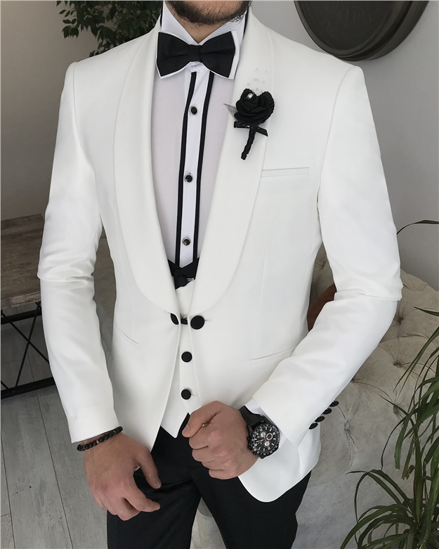 İtalyan kesim slim fit ceket yelek pantolon damatlık set Beyaz T8202