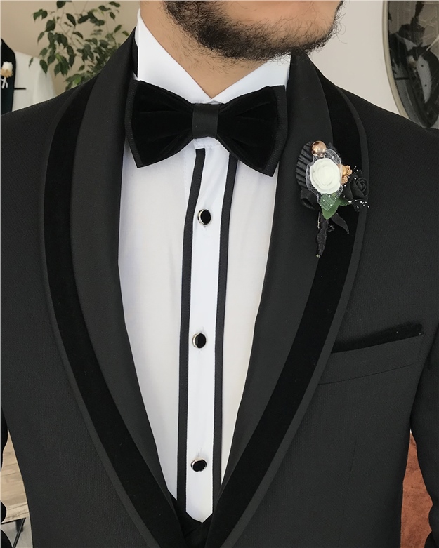 İtalyan kesim slim fit ceket yelek pantolon damatlık set Siyah T8239