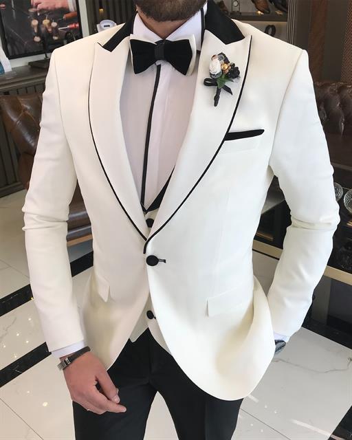 Italian cut slim fit jacket vest trousers groom suit set white T9503