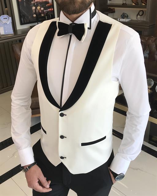 Italian cut slim fit jacket vest trousers groom suit set white T9505