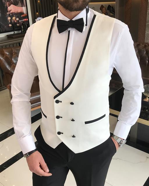 Italian cut slim fit jacket vest trousers groom suit set white T9254