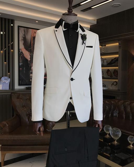 Italian cut slim fit jacket vest trousers groom suit set white T9505