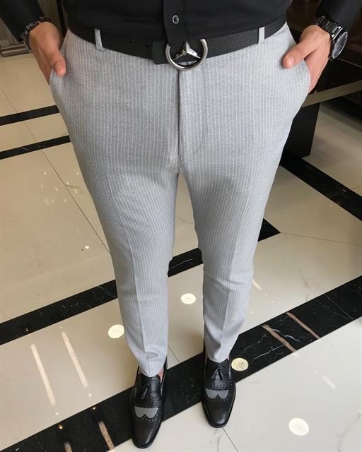 italian slim fit striped men's trousers gray T9436